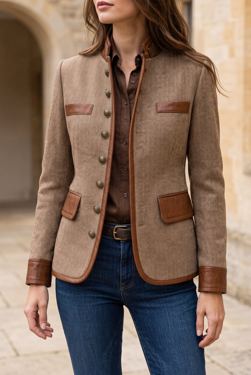 Tweed Jacket with Leather Trim in Brown — studio front