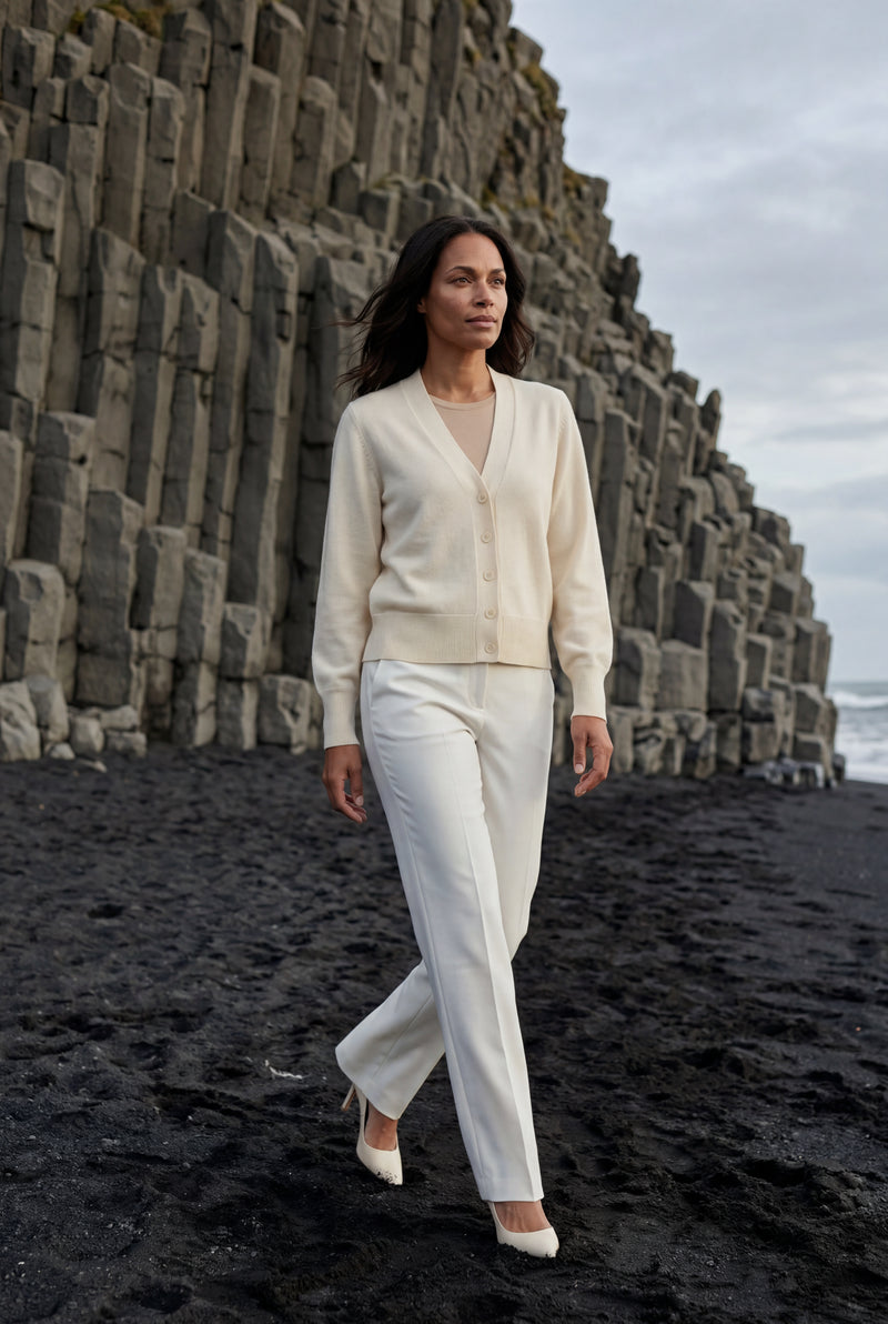 Cream V-neck Button-front Classic Cardigan Sweater - V-neck cardigan - Photo 3