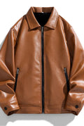 Vegan Leather Bomber Jacket in Brown — front view