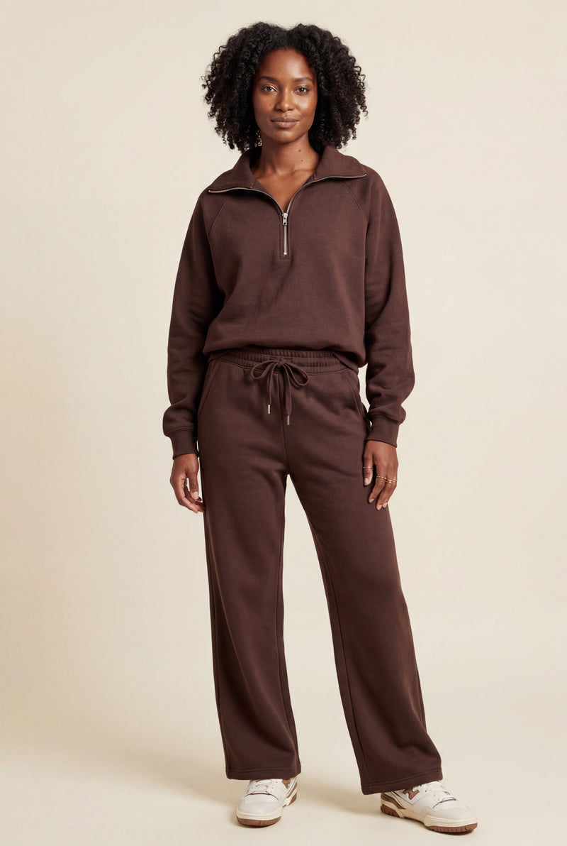 Brown Wide-leg Zip Collar Lounge Set with Relaxed Pullover - Two piece set - Photo 4