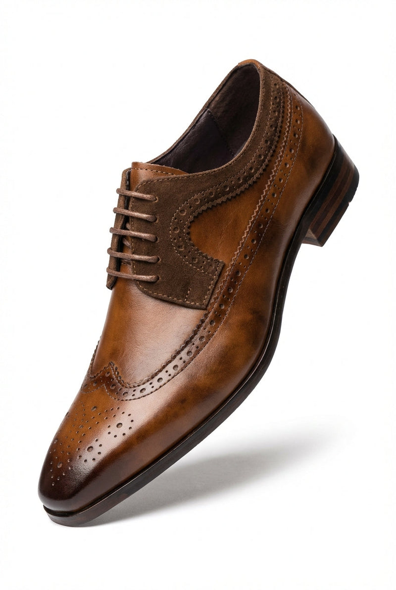 Brown Wingtip Brogue Oxford Dress Shoes with Stacked Low Heel - Oxfords - Photo 1