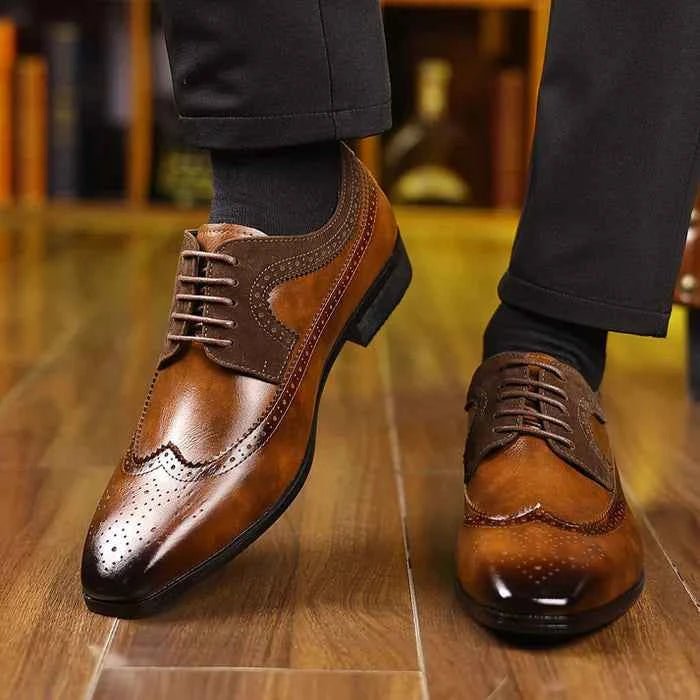 Wingtip Brogue Oxford Dress Shoes with Stacked Low Heel - Oxfords - Photo 2