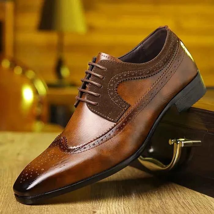 Wingtip Brogue Oxford Dress Shoes with Stacked Low Heel - Oxfords - Photo 4