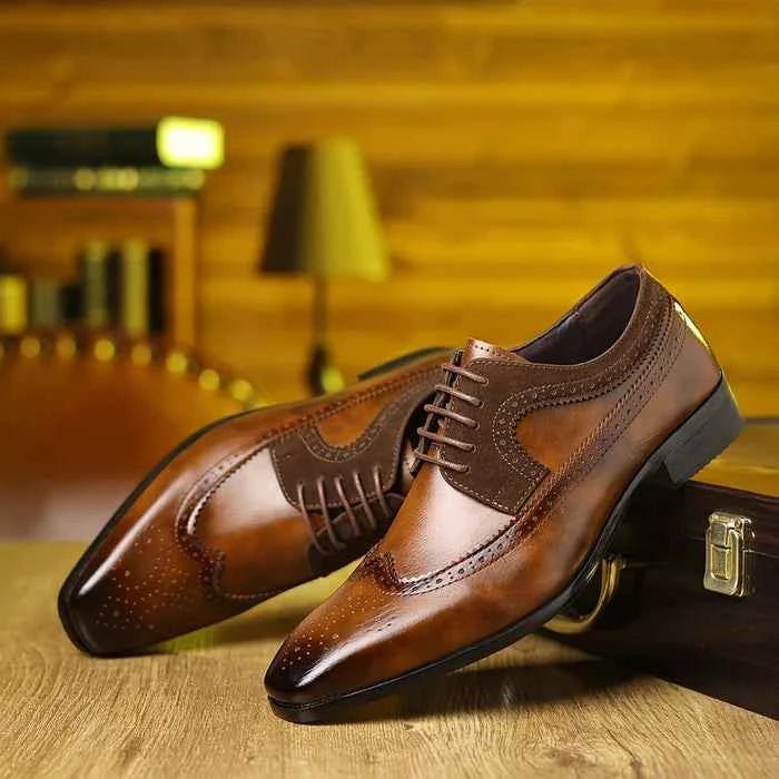 Wingtip Brogue Oxford Dress Shoes with Stacked Low Heel - Oxfords - Photo 7