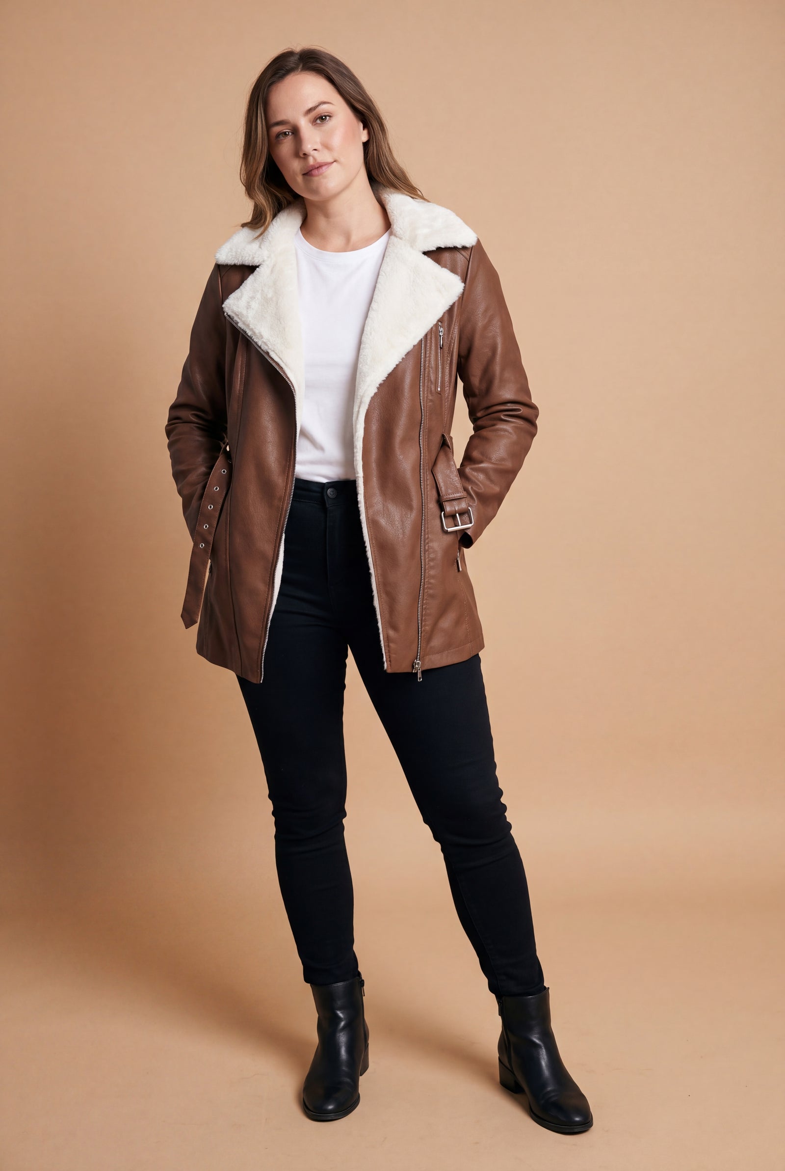 Women's Biker Jacket Faux Shearling in Brown — primary studio