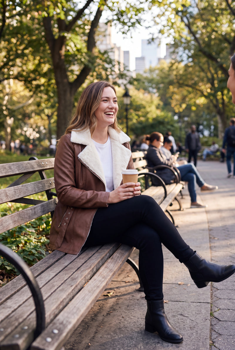 Women's Biker Jacket Faux Shearling in Brown — secondary lifestyle