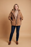 Women's Hooded Coat Tailored Fit in Brown — studio front
