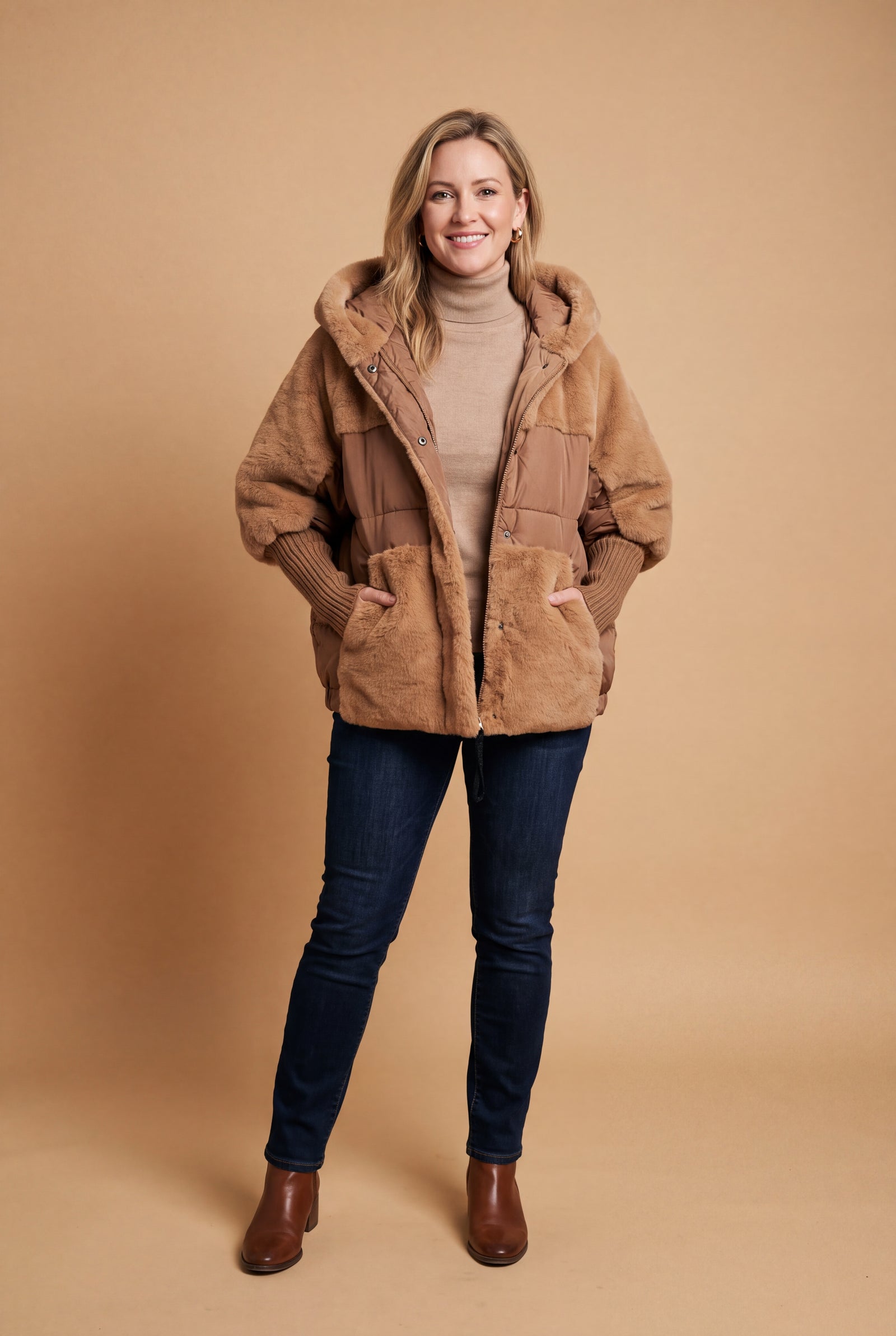 Women's Hooded Coat Tailored Fit in Brown — studio front