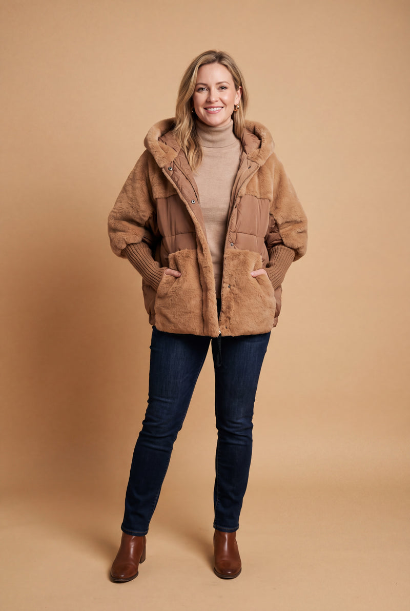 Women's Hooded Coat Tailored Fit in Brown — studio front