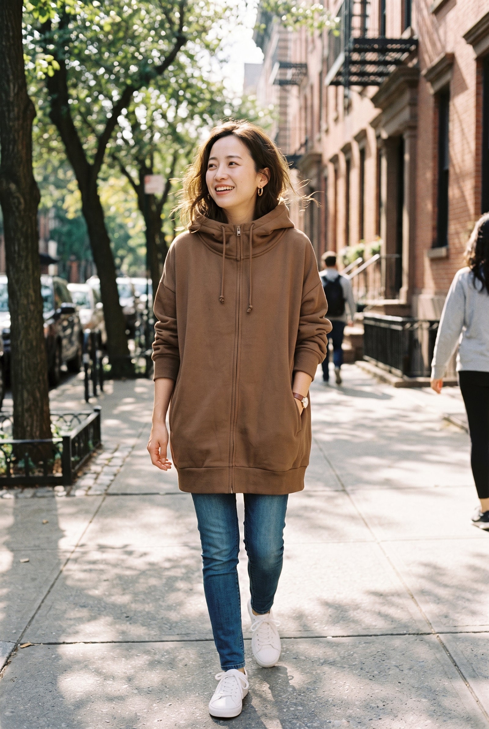 Women's Hoodie Oversized Zipper in Brown — lifestyle shot