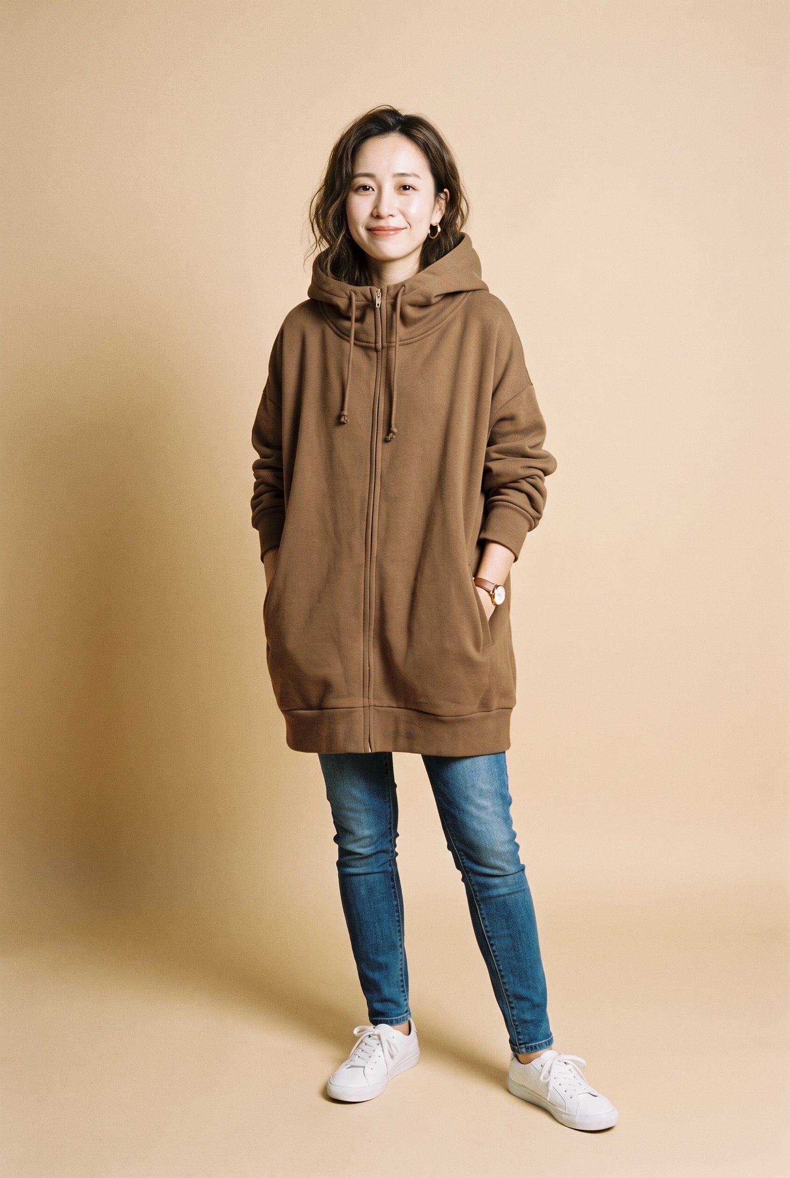Women's Hoodie Oversized Zipper in Brown — studio shot
