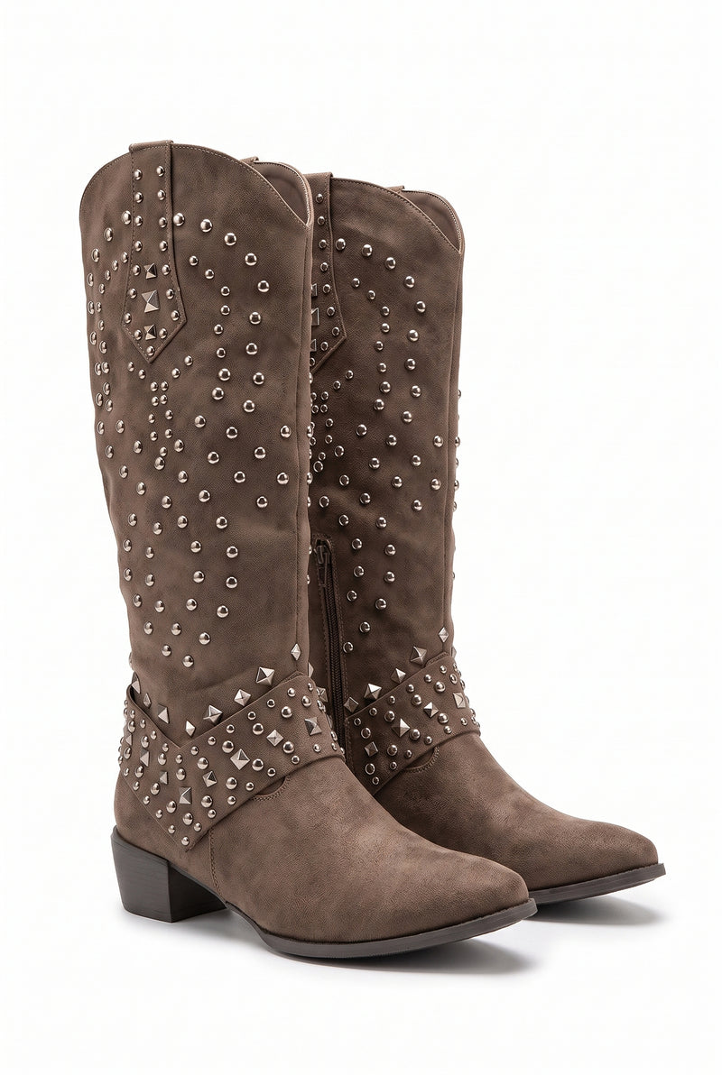 Women's Knee-High Cowboy Boots Riveted in Brown — primary product
