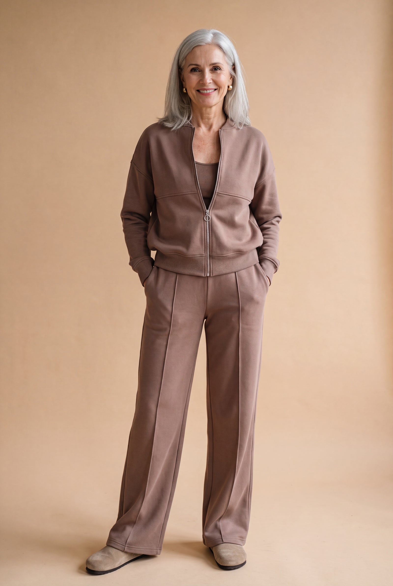 Women's Lounge Set Zip Top in Brown — primary studio