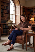 Women's Polo Shirt Elegant Fit in Brown — library lifestyle