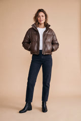 Women's Puffer Jacket High Collar Cropped in Brown — studio main