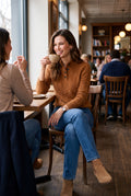 Women's Pullover Cable Knit Stand Collar in Brown — lifestyle shot