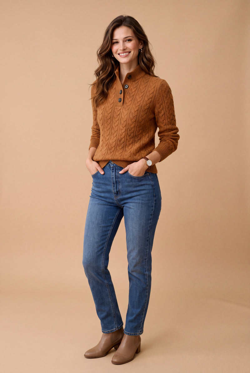 Women's Pullover Cable Knit Stand Collar in Brown — studio shot