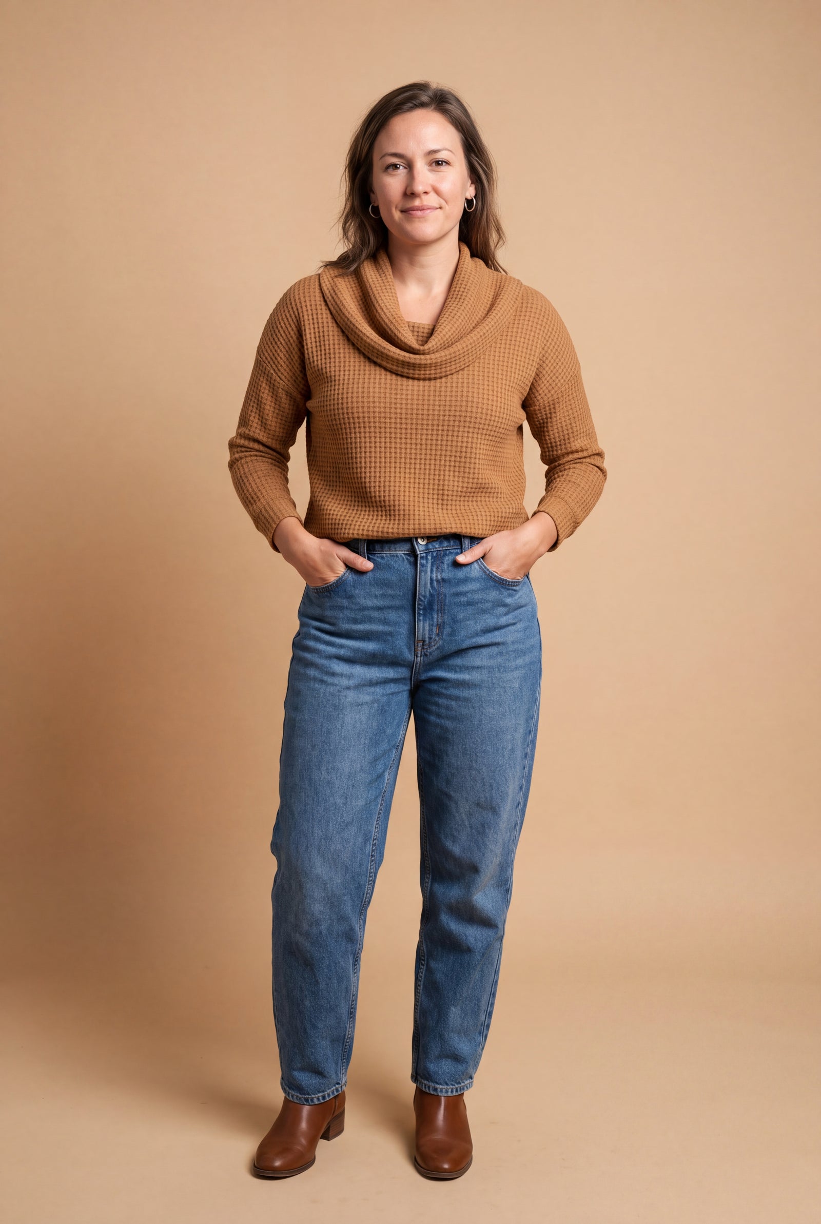 Women's Pullover Shawl Collar Waffle Knit in Brown — studio primary