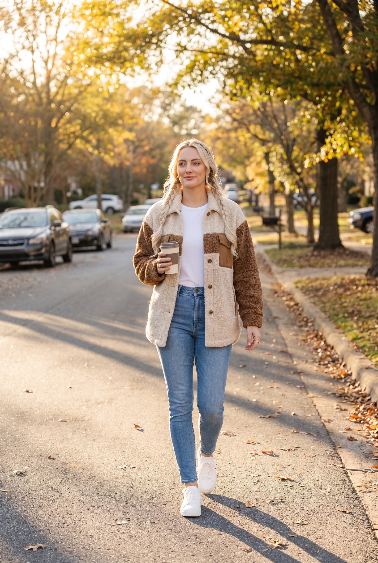 Women's Sherpa Jacket Relaxed Fit in Brown — lifestyle shot