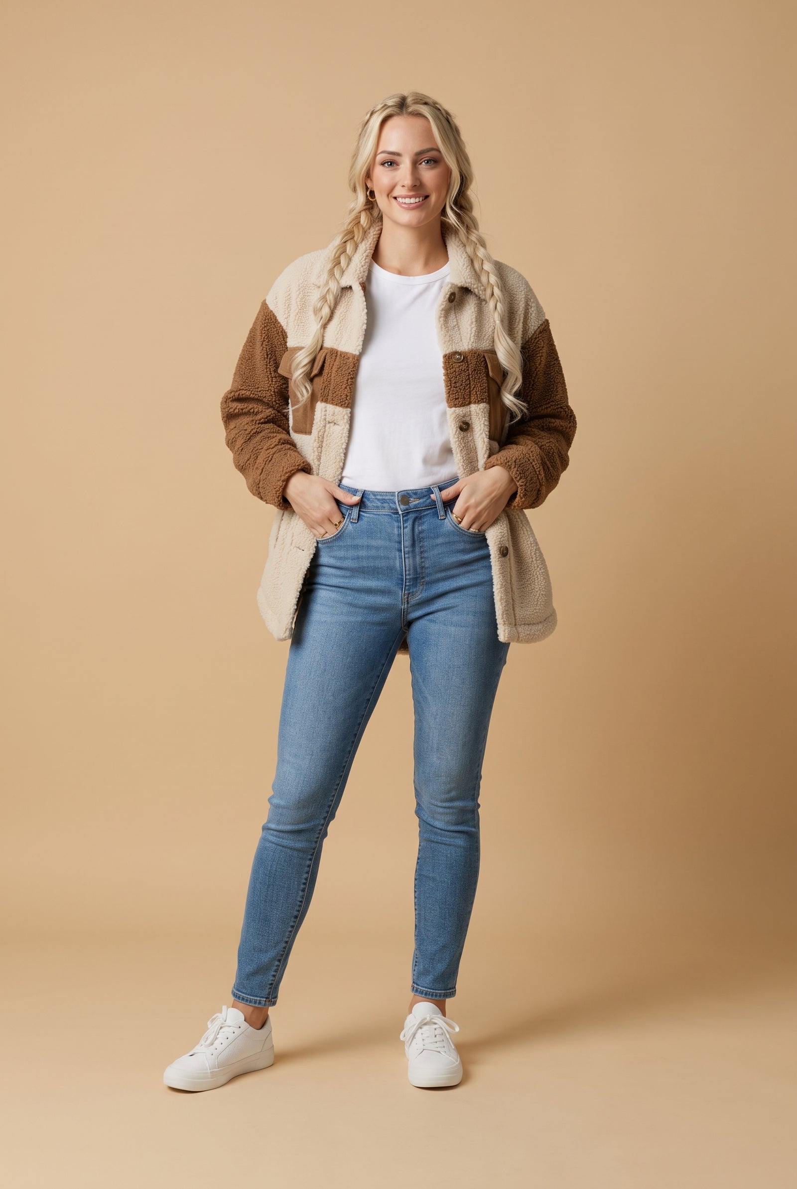 Women's Sherpa Jacket Relaxed Fit in Brown — studio shot
