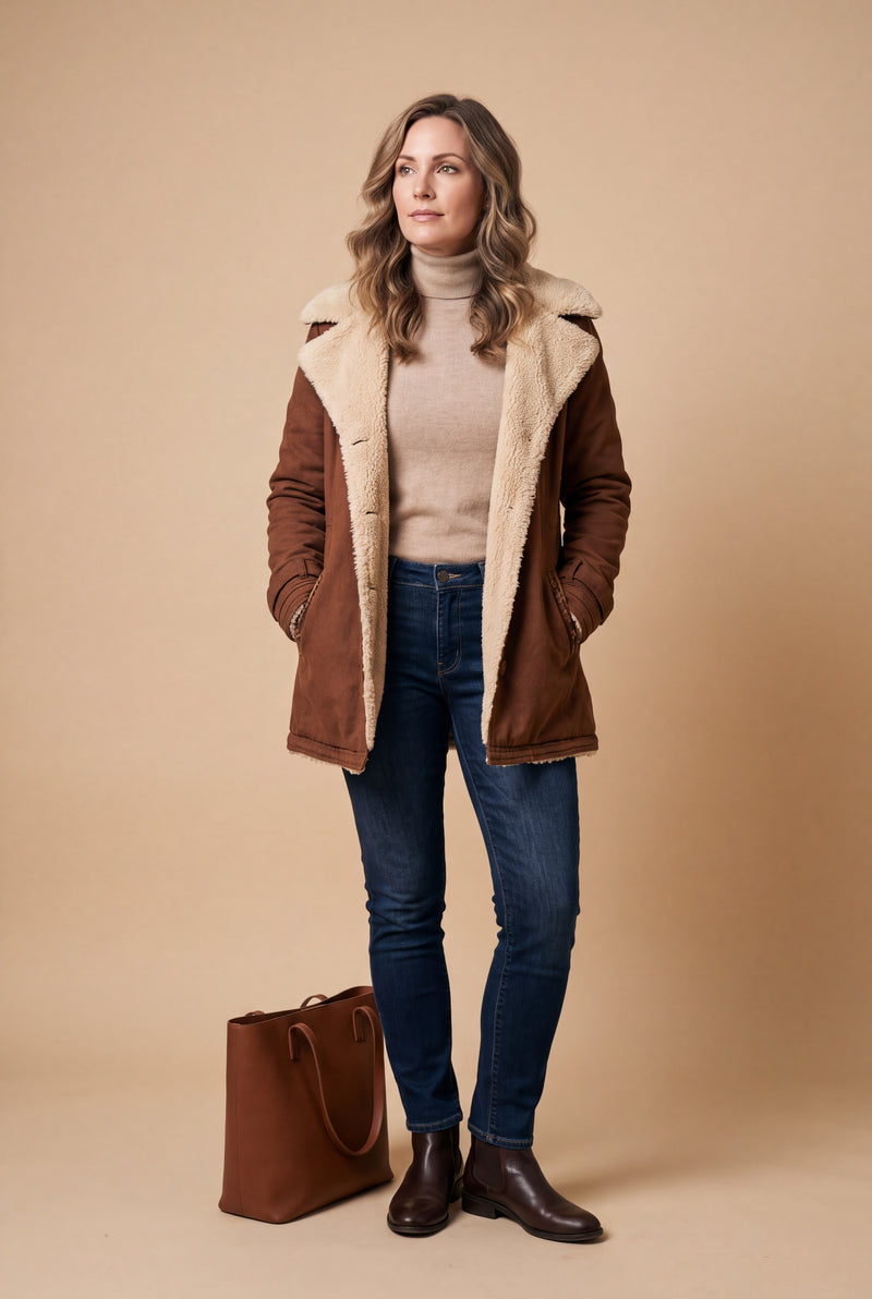 Women's Winter Coat Long Chic Style in Brown — studio full body
