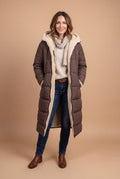 Women's Winter Jacket Long Silhouette in Brown — studio shot