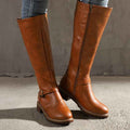 Brown Women's Buckle Strap Knee-High Boots with Low Block Heel - Photo 3