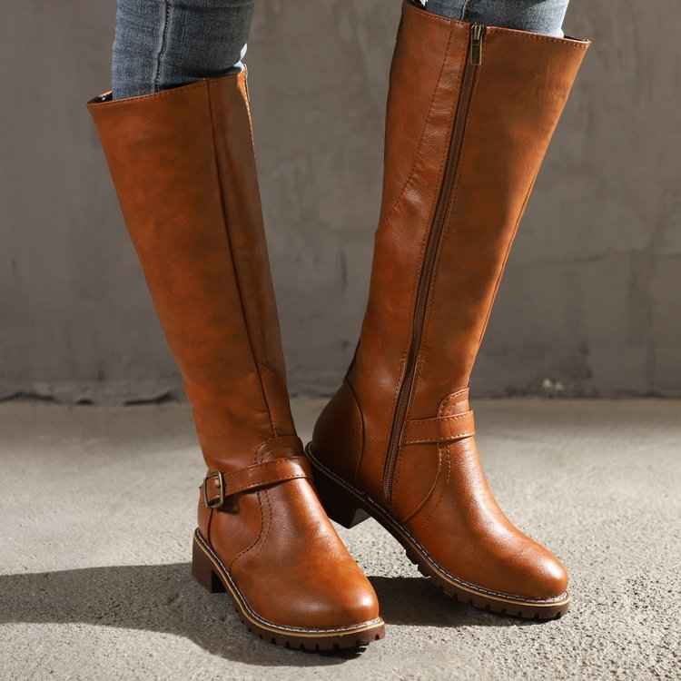 Brown Women's Buckle Strap Knee-High Boots with Low Block Heel - Photo 3