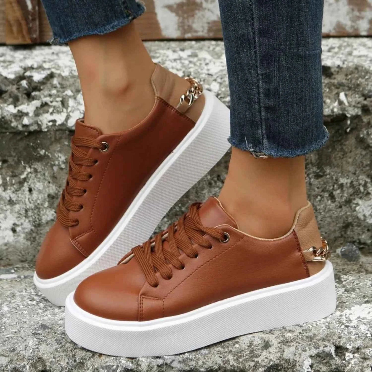 Women's Gold Chain Platform Lace-Up Casual Sneakers - Photo 2