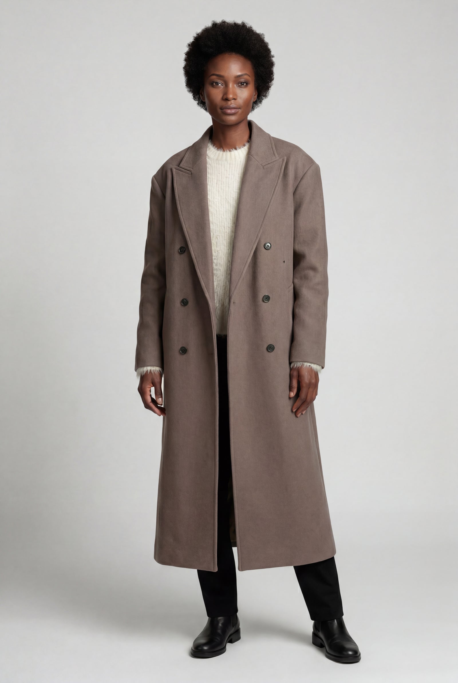 Brown Women's Oversized Double-Breasted Long Coat with Lapel - Oversized coats - Photo 2