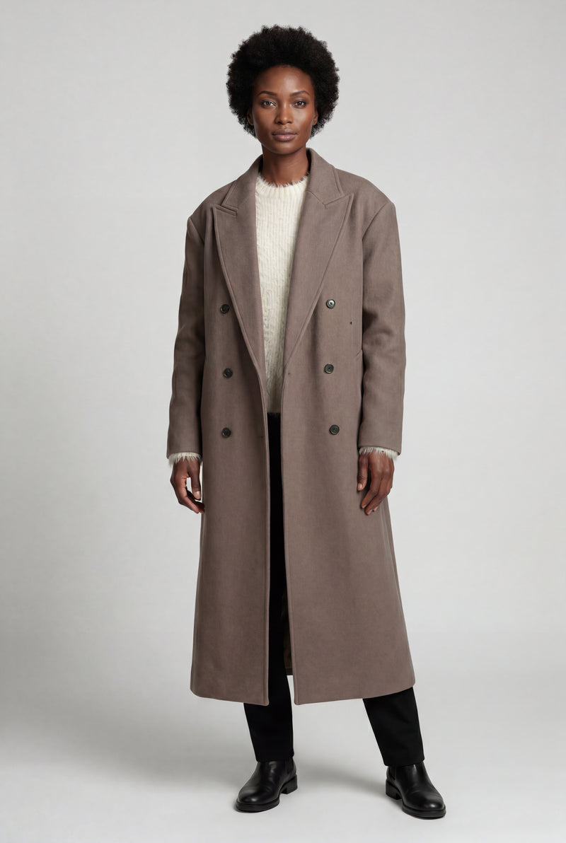 Brown Women's Oversized Double-Breasted Long Coat with Lapel - Oversized coats - Photo 2