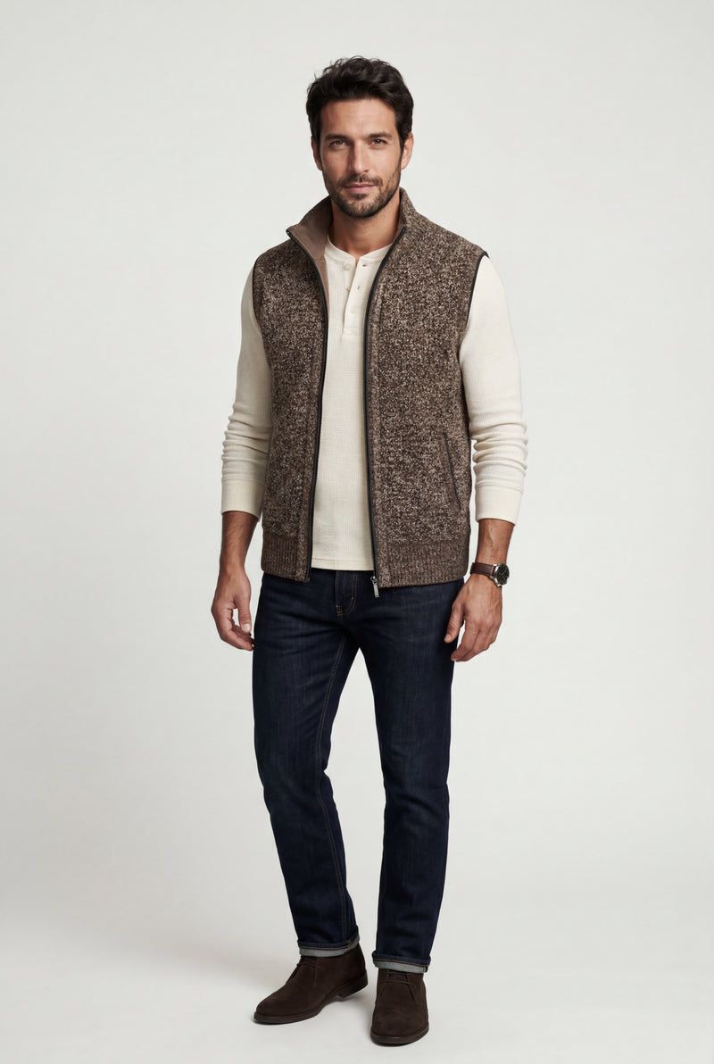 Brown Zip-front Colorblock Knitted Vest with Stand Collar - Knitted vests - Photo 3