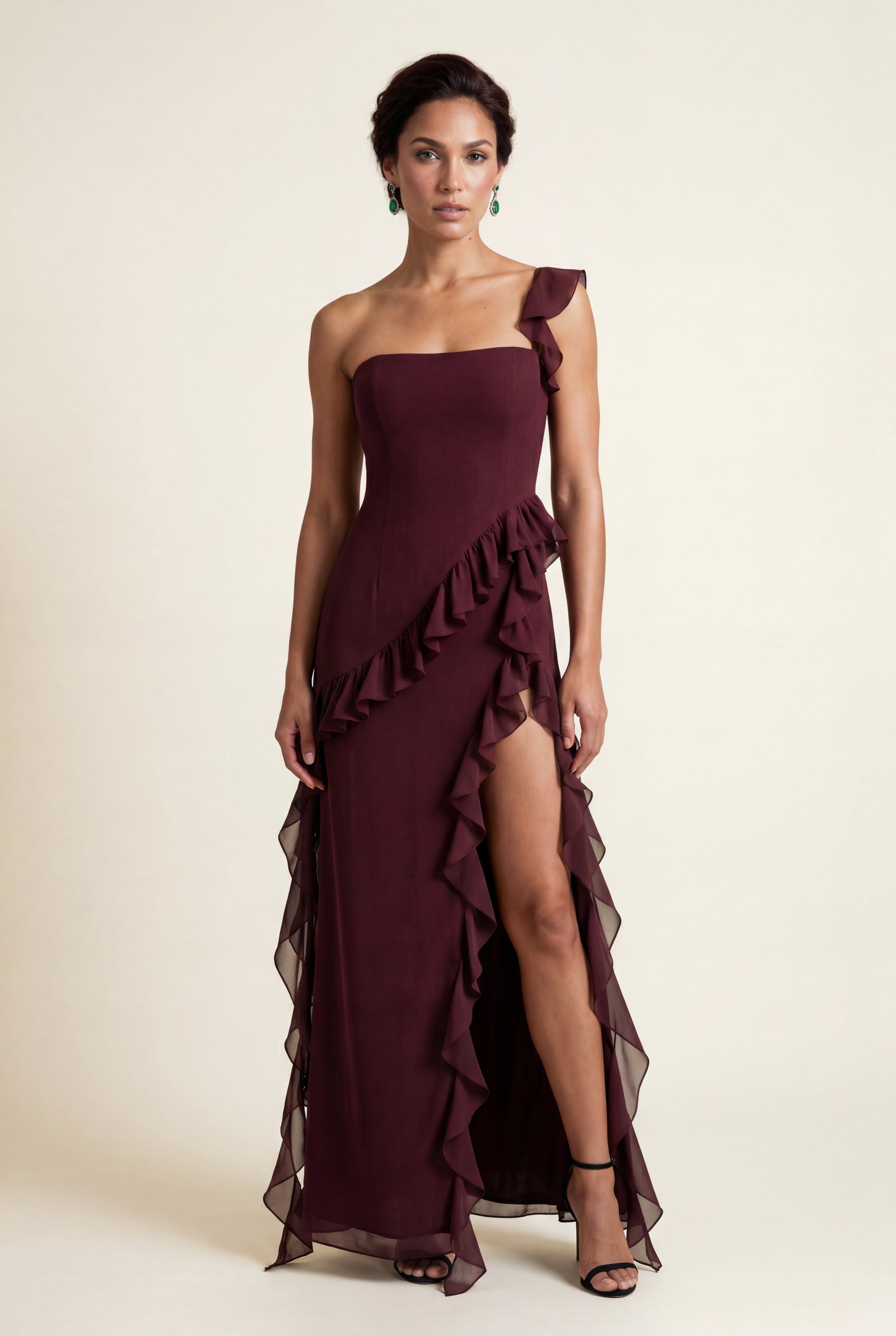 Burgundy Asymmetric Ruffle Maxi Dress with High Slit - Photo 6