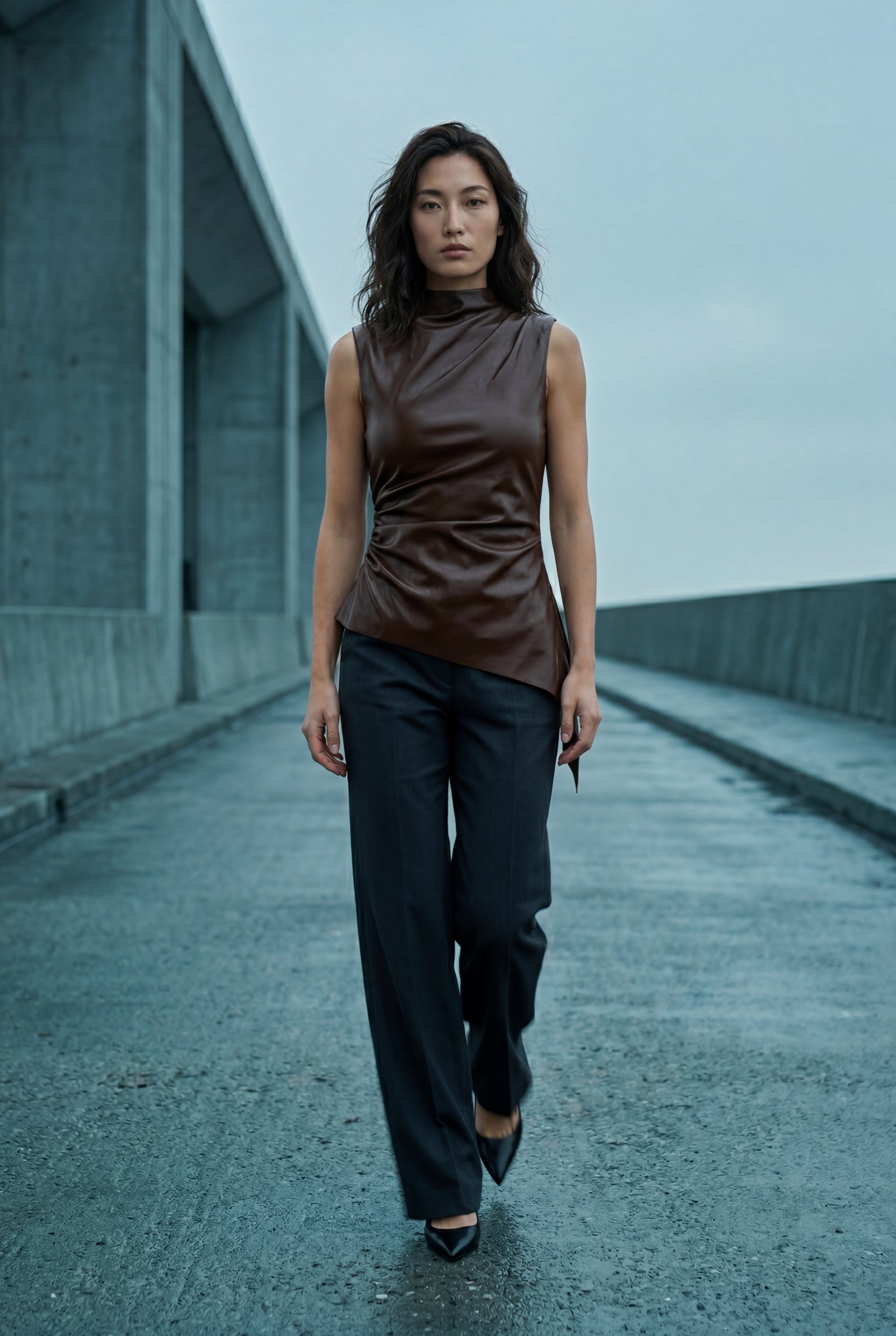 Dark Brown Asymmetrical High Neck Faux Sleeveless Top - Photo 10