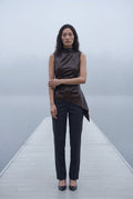 Dark Brown Asymmetrical High Neck Faux Sleeveless Top - Photo 11