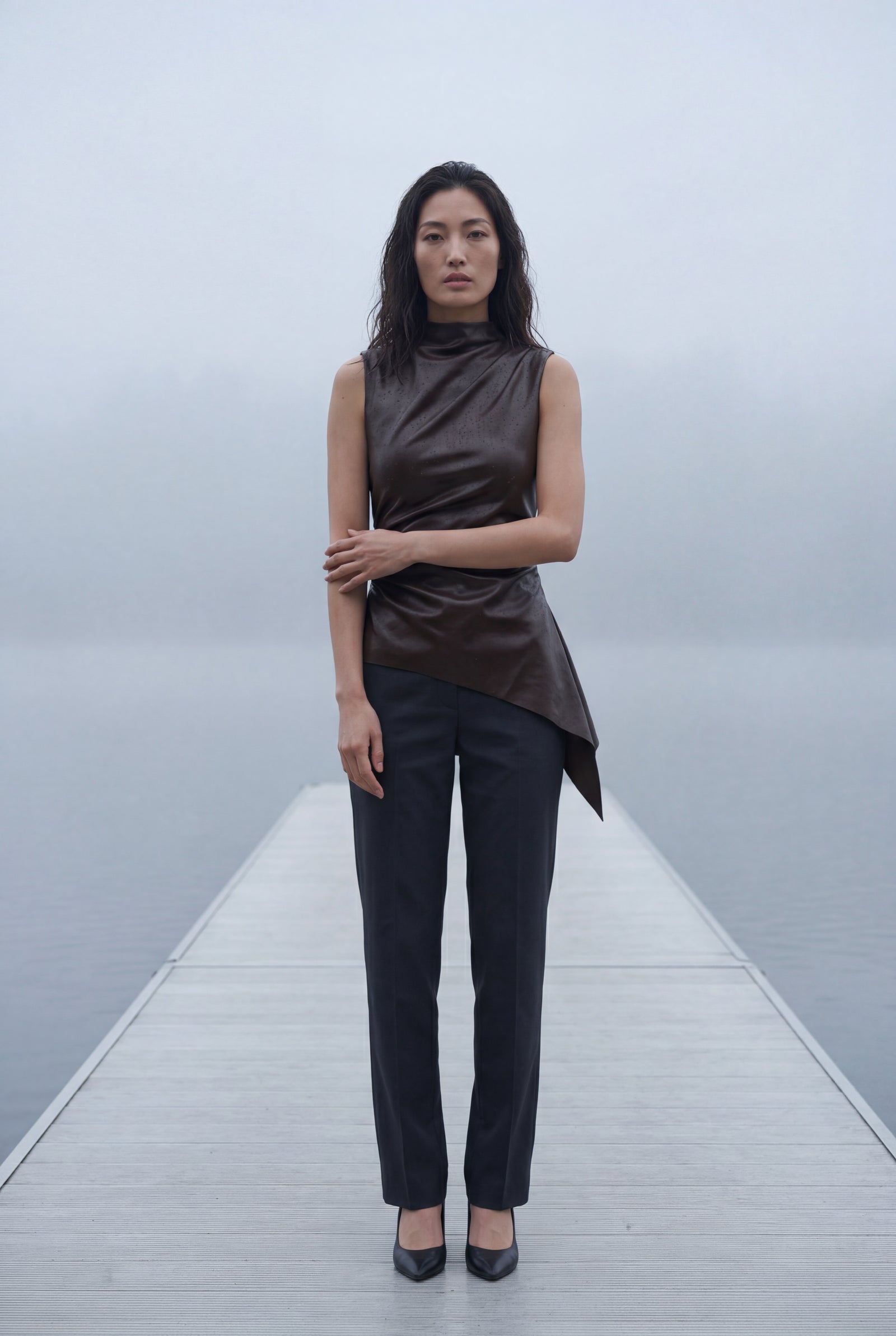 Dark Brown Asymmetrical High Neck Faux Sleeveless Top - Photo 11