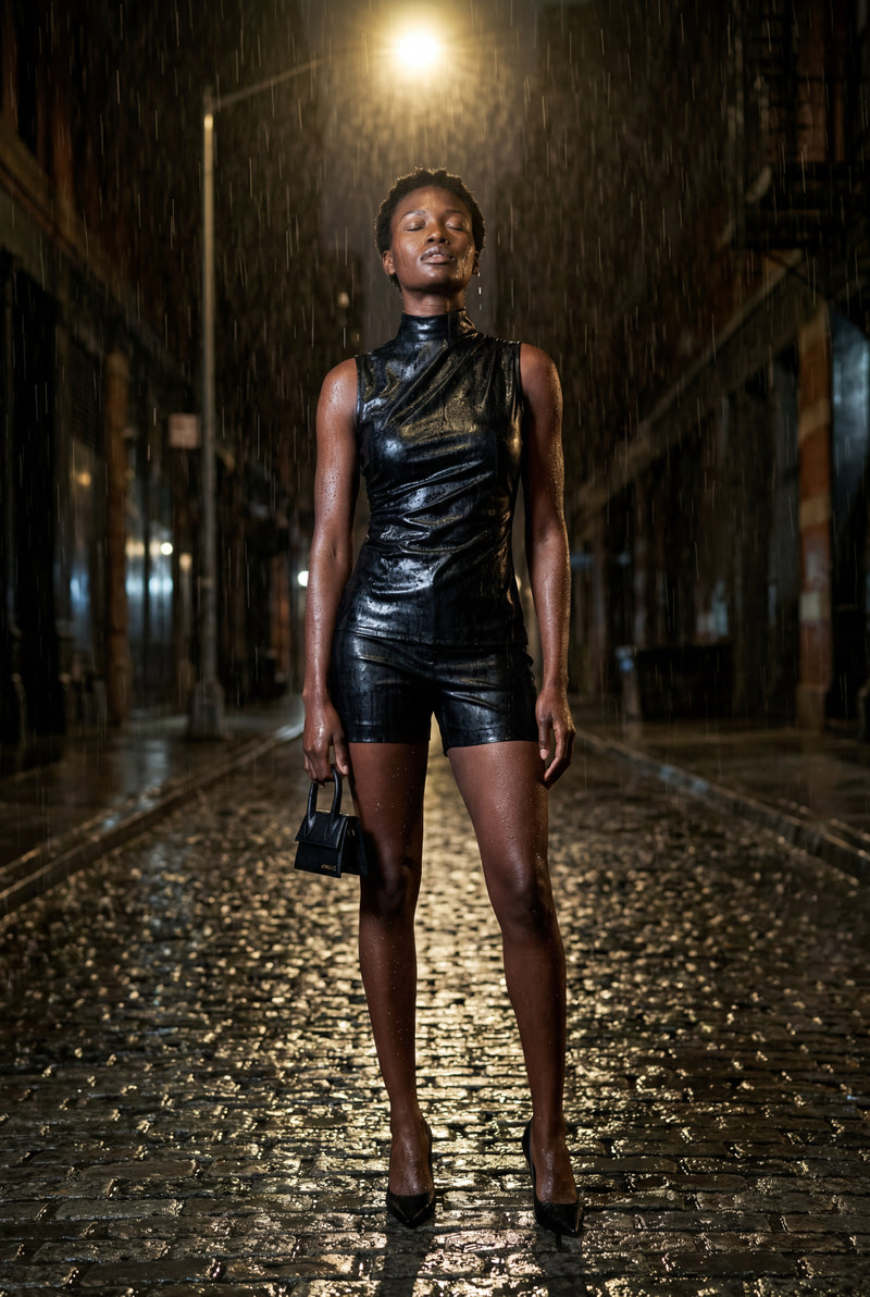 Black Asymmetrical High Neck Faux Sleeveless Top - Photo 3