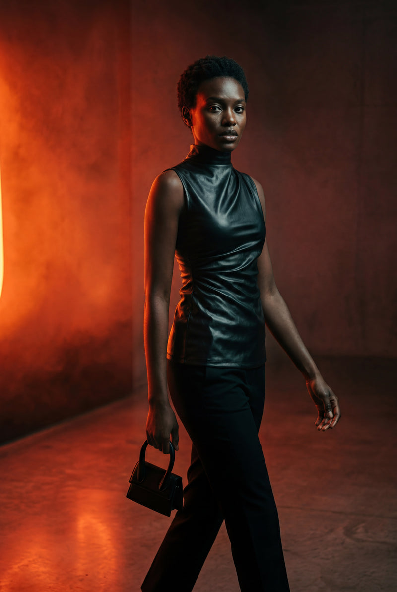 Black Asymmetrical High Neck Faux Sleeveless Top - Photo 4