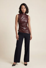 Burgundy Asymmetrical High Neck Faux Sleeveless Top - Photo 5