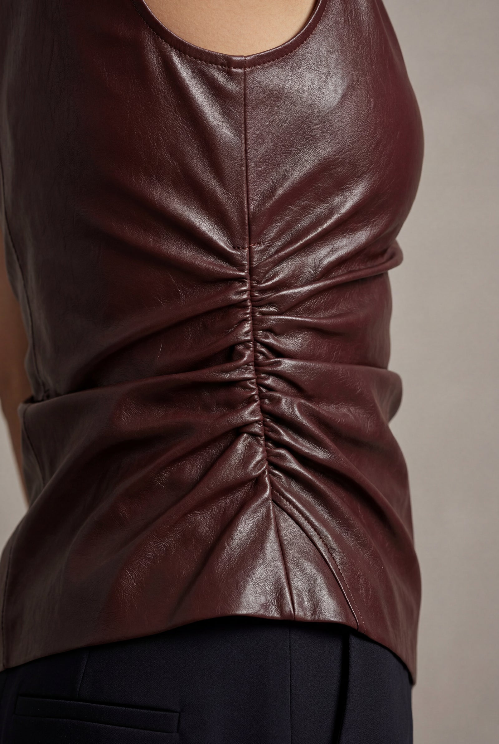 Burgundy Asymmetrical High Neck Faux Sleeveless Top - Photo 7