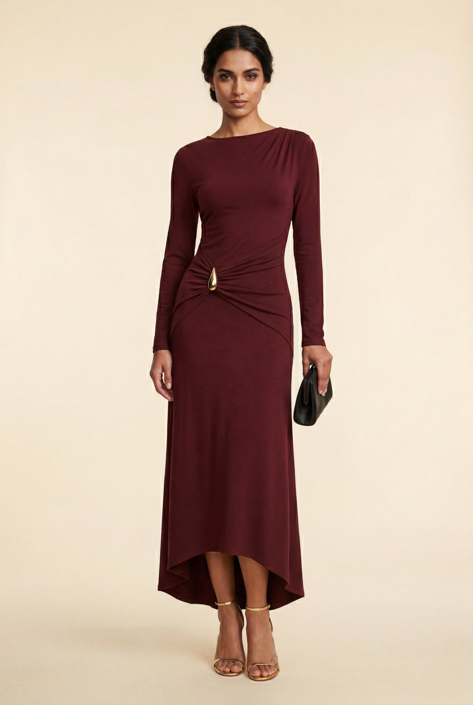 Burgundy Burgundy Draped Waist Maxi Dress with Gold Accent - Photo 1
