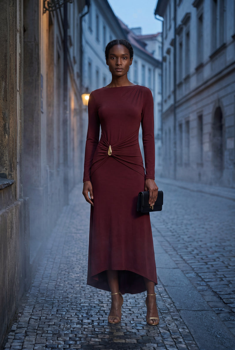 Burgundy Burgundy Draped Waist Maxi Dress with Gold Accent - Photo 4