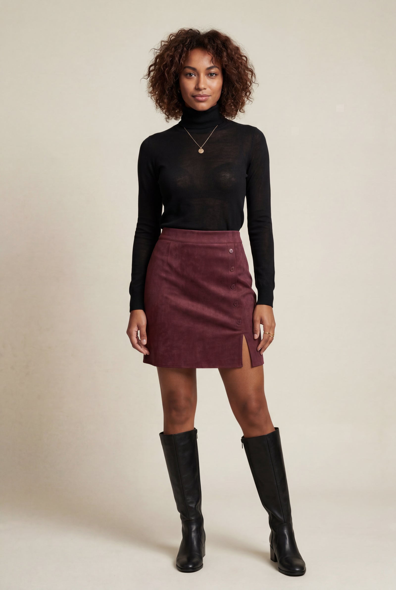 Burgundy Button-front Mini Skirt with Side Slit - Mini skirts - Photo 6