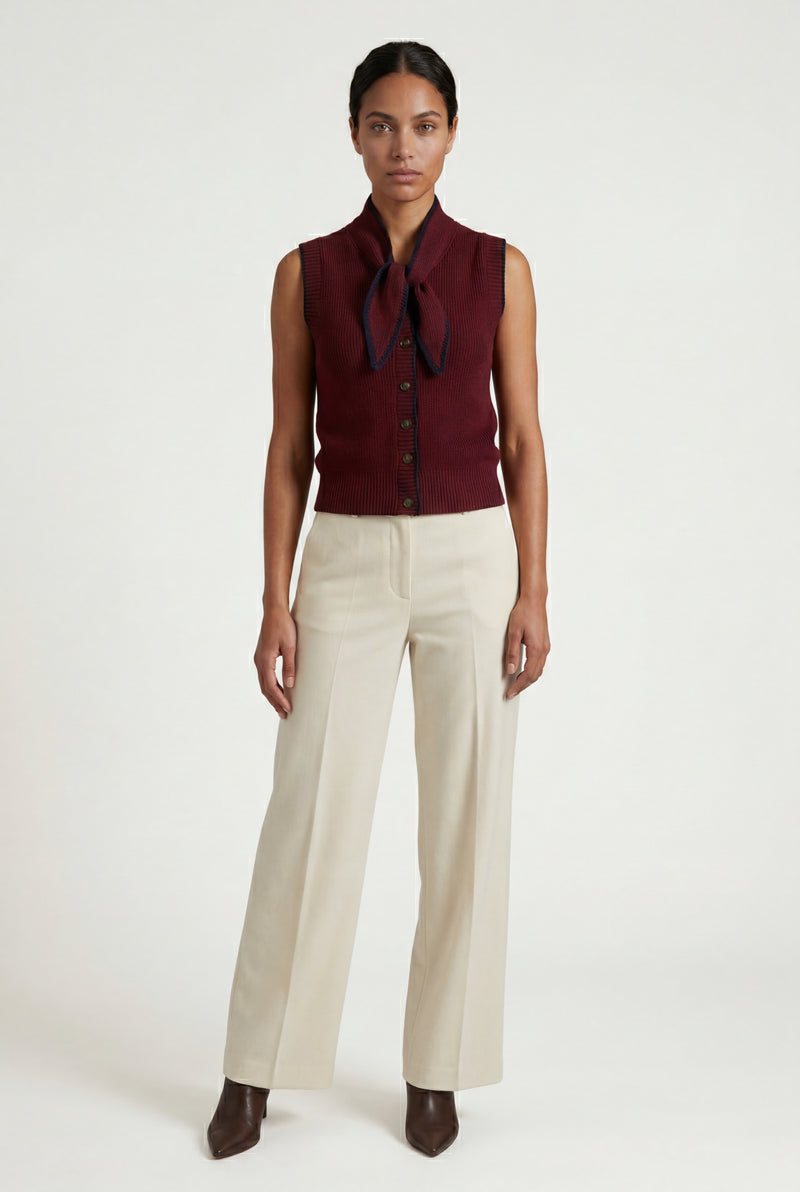 Burgundy Contrast Trim Ribbed Button-front Cropped Sweater Vest - Cropped vest - Photo 2
