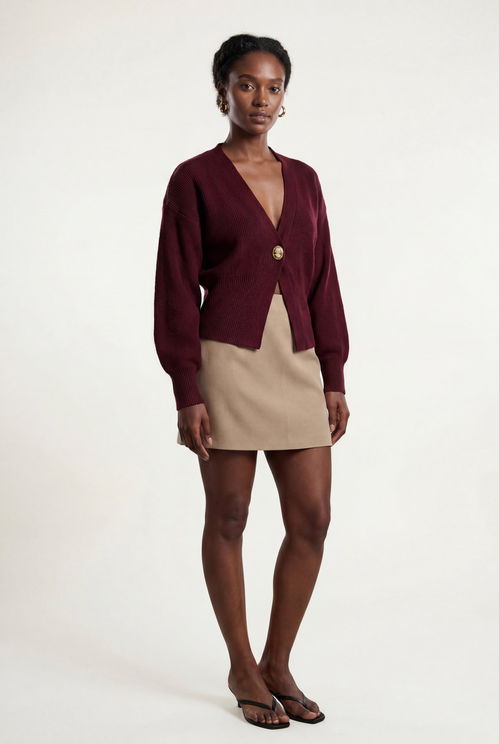 Burgundy Deep V-neck Gold Button Cardigan Sweater - V-neck sweater - Photo 9