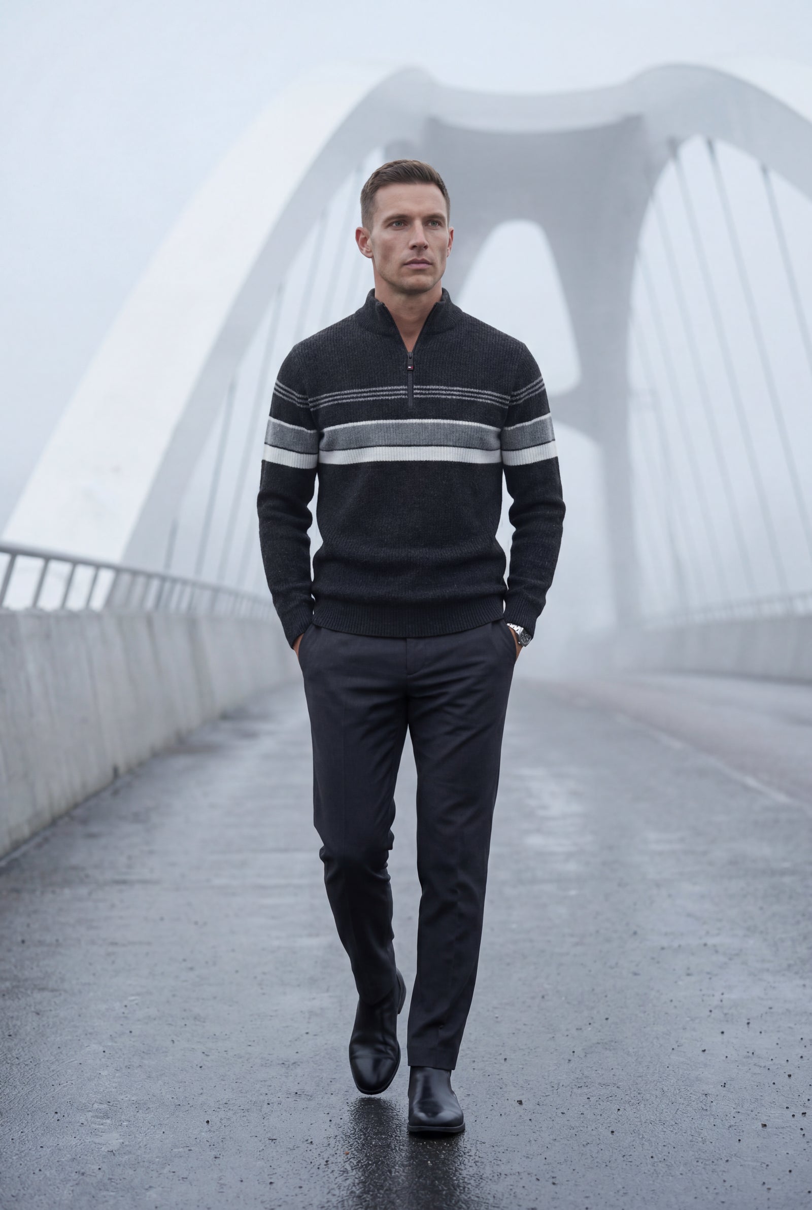 Dark Gray Half Zip Stand Collar Striped Sweater - Half zip sweater - Photo 13