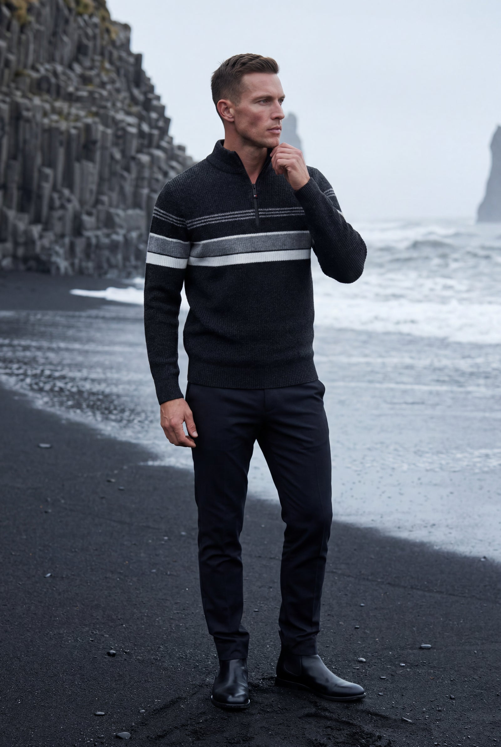 Dark Gray Half Zip Stand Collar Striped Sweater - Half zip sweater - Photo 17