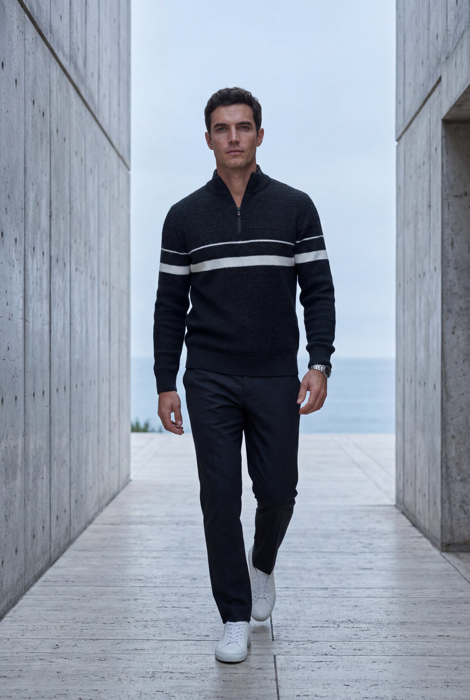 Black Half Zip Stand Collar Striped Sweater - Half zip sweater - Photo 7