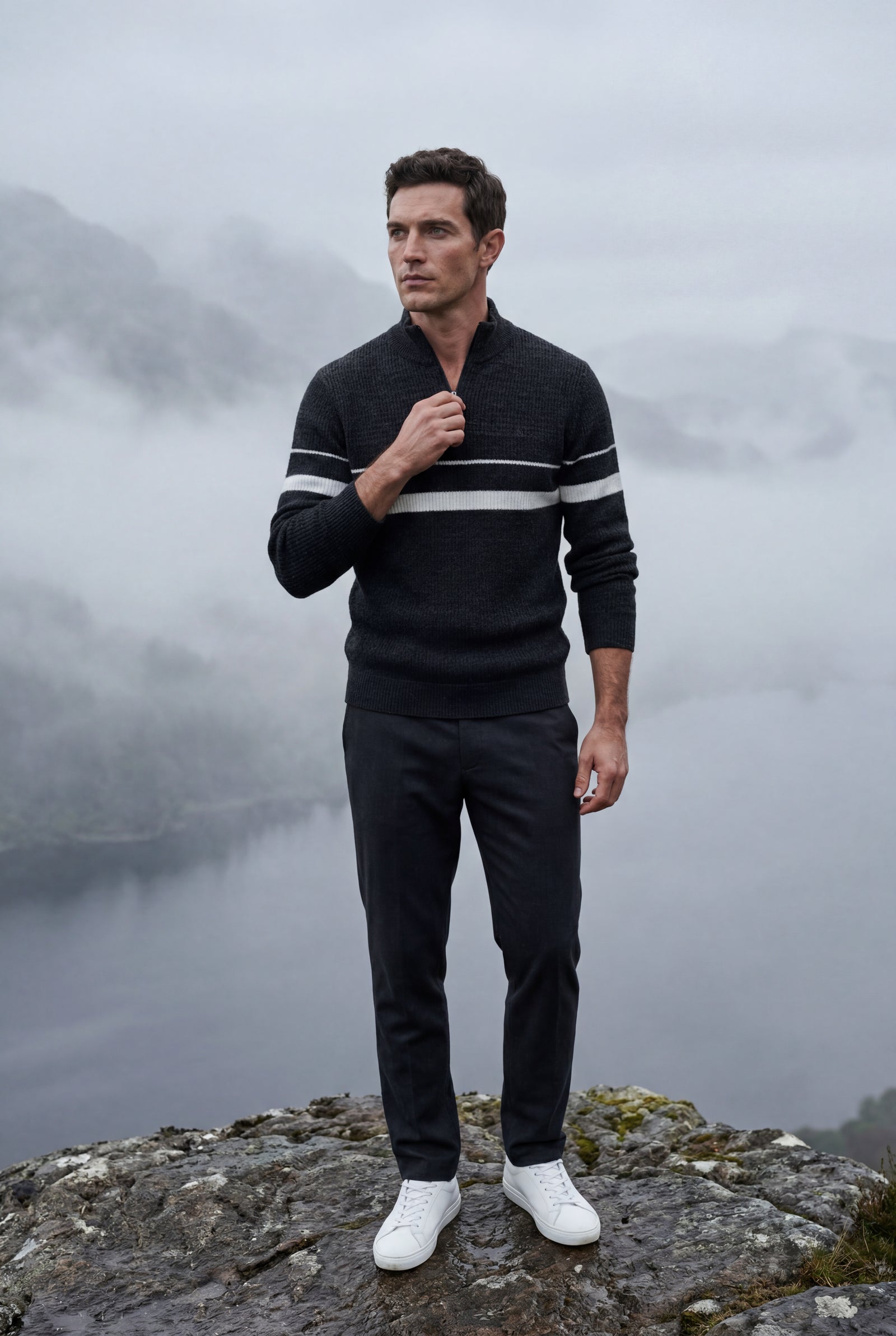 Black Half Zip Stand Collar Striped Sweater - Half zip sweater - Photo 9