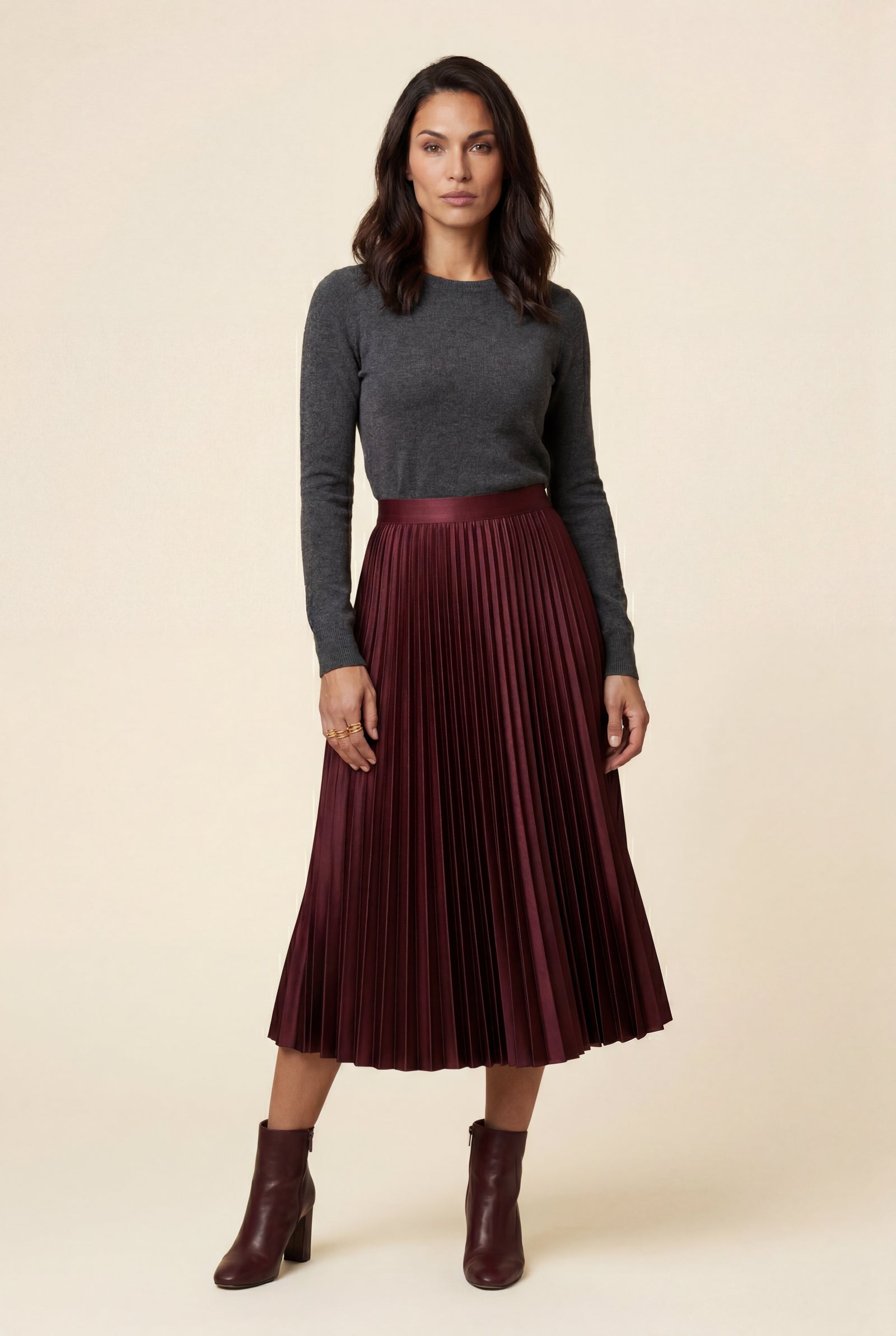 Burgundy High-waisted A-line Pleated Midi Skirt - Photo 10